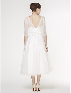 Biele midi svadobné šaty s čipkovaným 3/4 rukávom 204LB