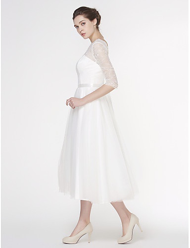 Biele midi svadobné šaty s čipkovaným 3/4 rukávom 204LB