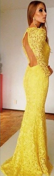Žlté dlhé čipkované šaty s dlhým rukávom morská panna 448E