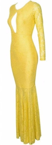 Žlté dlhé čipkované šaty s dlhým rukávom morská panna 448E