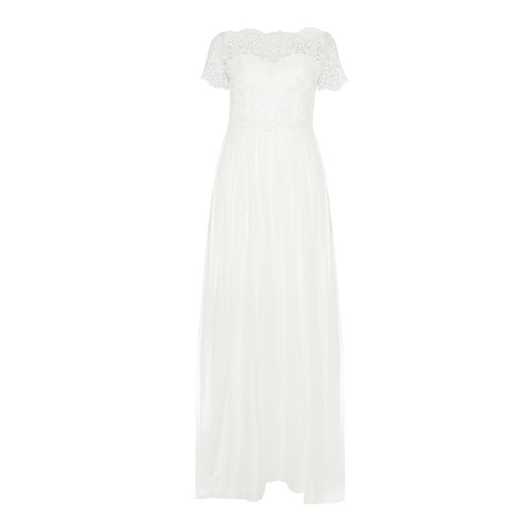 Biele dlhé svadobné šaty s čipkou s krátkym rukávom 233C