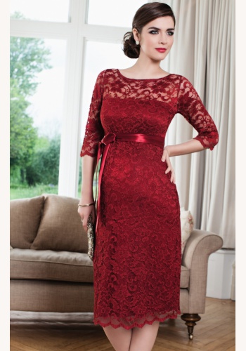 Tiffany Rose červené midi tehotenské šaty s 3/4 rukávom 296TR