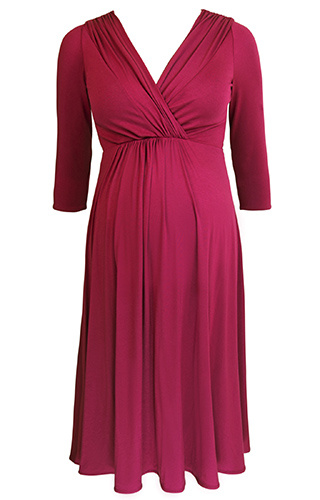 Tiffany Rose tmavo-červené midi tehotenské šaty s výstrihom s 3/4 rukávom 301TR