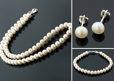 Biely perlový set náhrdelníka s náušnicami a náramkom 022
