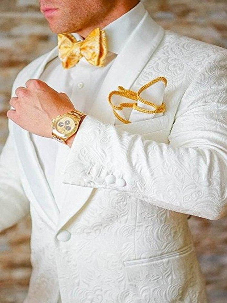 Biely/smotanový pánsky svadobný 3-dielny brokátový oblek slim fit 051AX