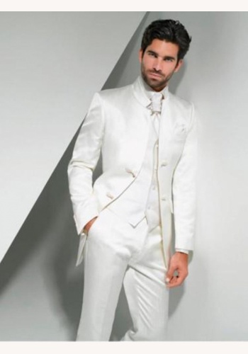 Smotanový pánsky svadobný saténový 3-dielny oblek slim fit 052E
