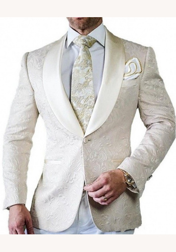 Biely/smotanový pánsky svadobný 3-dielny brokátový oblek slim fit 051AX