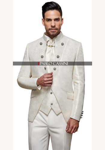 Bielo-smotanový pánsky svadobný 8-dielny oblek tuxedo slim fit 062P