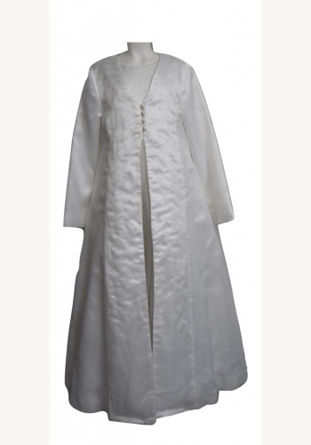 Smotanové dlhé šaty na 1. sväté prijímanie s kabátom s dlhým rukávom 062W
