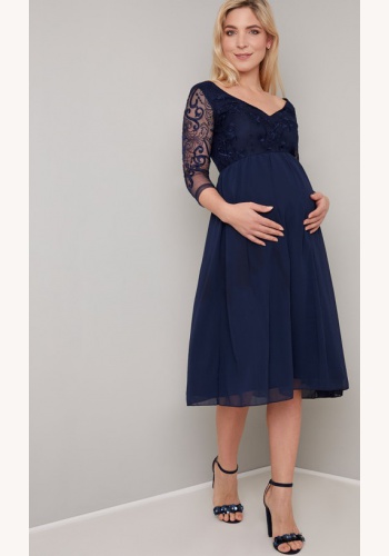 Tmavomodré midi tehotenské šaty s čipkou s 3/4 rukávom 310C