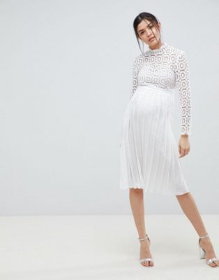 Biele midi tehotenské šaty so skladanou sukňou s dlhým rukávom 311L