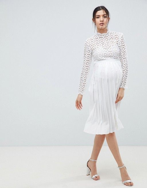Biele midi tehotenské šaty so skladanou sukňou s dlhým rukávom 311L