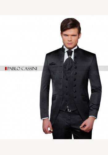 Čierny pánsky svadobný 8-dielny oblek tuxedo slim fit 066PC