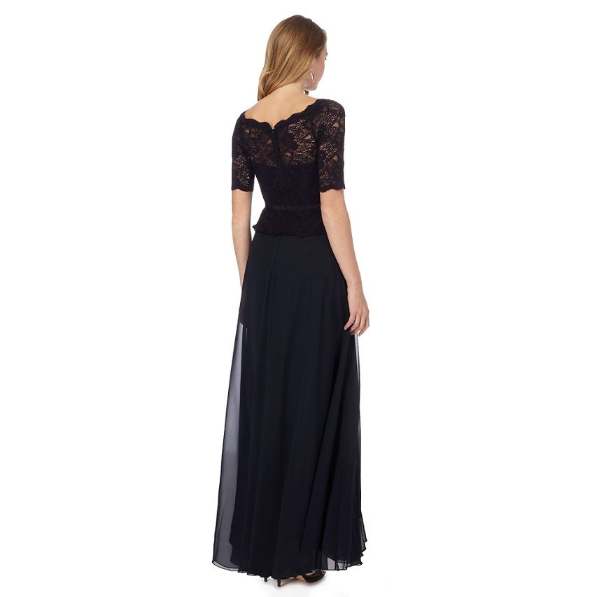 Jenny Packham tmavomodré dlhé šaty s čipkou s krátkym rukávom 412JPa