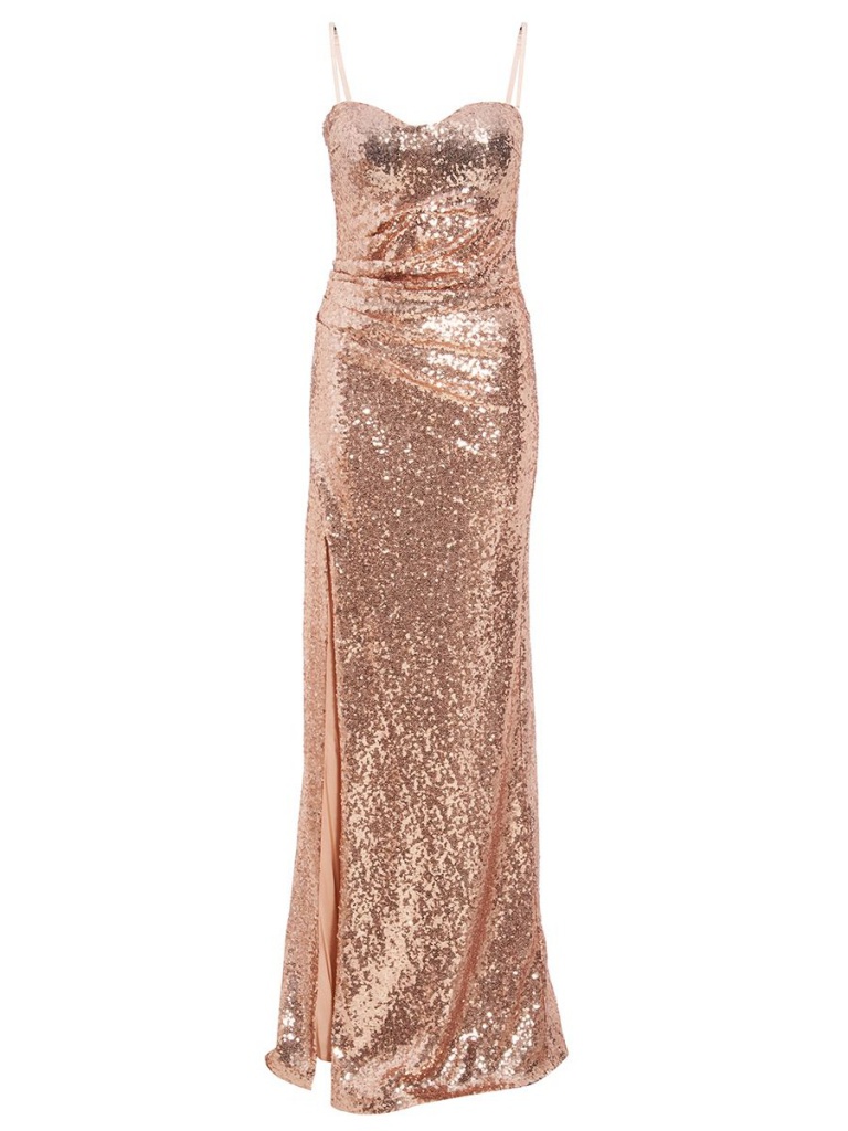Šampanské-zlaté dlhé flitrované korzetové šaty s rozparkom 450Q