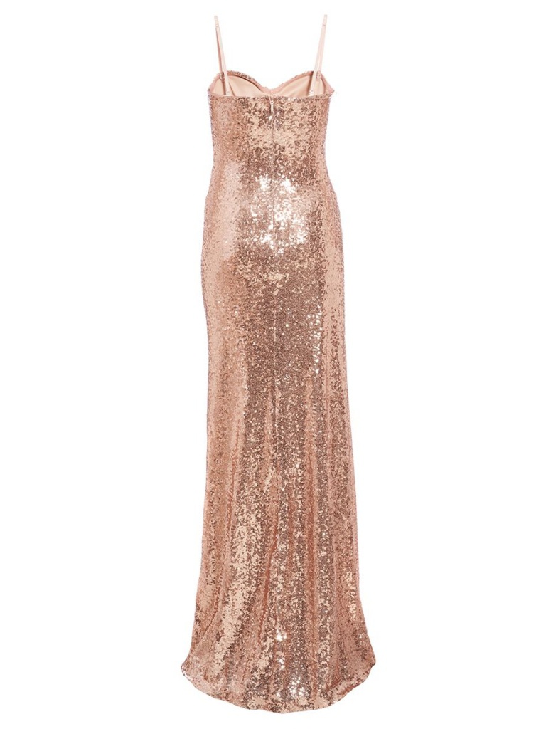Šampanské-zlaté dlhé flitrované korzetové šaty s rozparkom 450Q