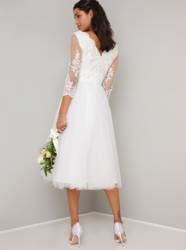 Biele midi svadobné vyšívané šaty s kvetovanou potlačou s 3/4 rukávom 314C