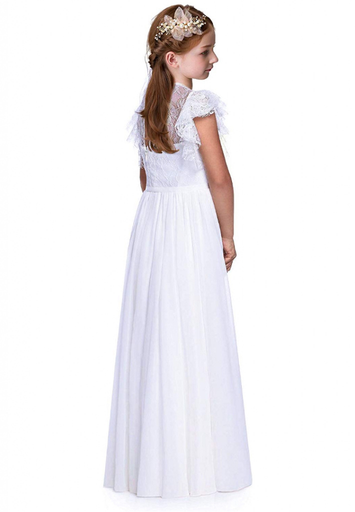 Biele dlhé čipkované šaty na 1. sväté prijímanie s volánovým rukávom 081AZ
