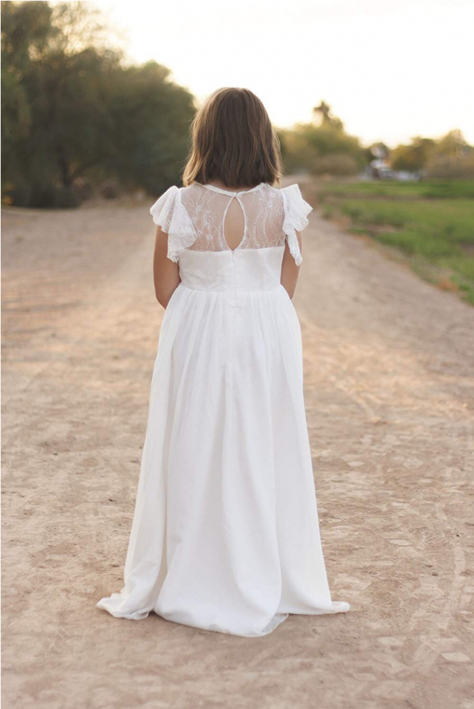 Biele dlhé čipkované šaty na 1. sväté prijímanie s volánovým rukávom 081AZ
