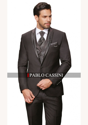 Čierny pánsky svadobný 8-dielny oblek tuxedo slim fit 074PC