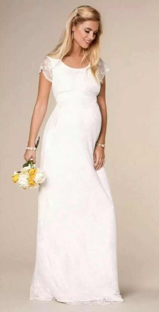 Tiffany Rose smotanové dlhé svadobné tehotenské čipkované šaty s krátkym rukávom 457TR 