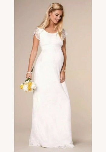 Tiffany Rose smotanové dlhé svadobné tehotenské čipkované šaty s krátkym rukávom 457TR 