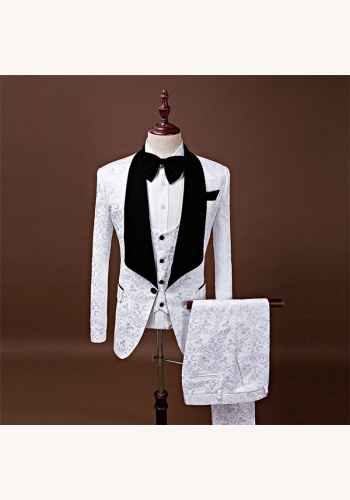 Bielo-čierny brokátový pánsky svadobný 3-dielny oblek 081A
