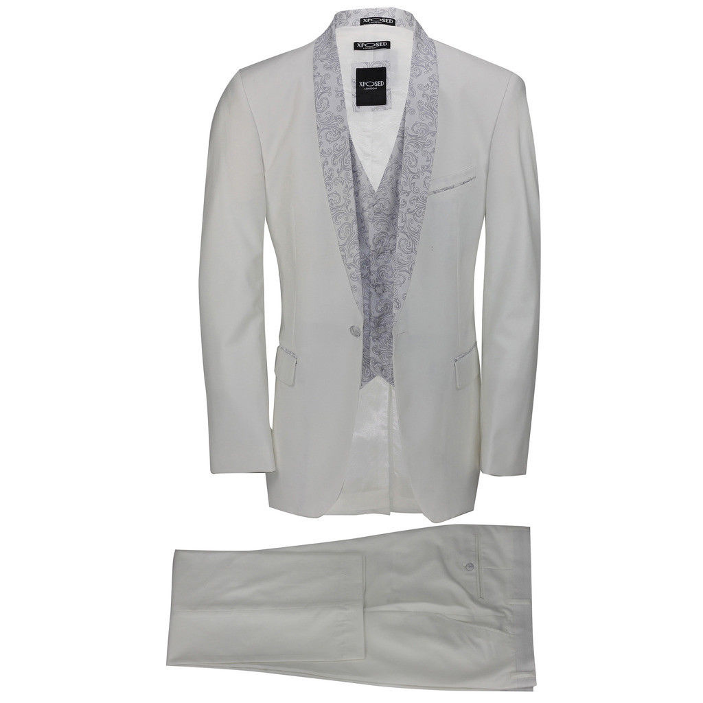 Biely pánsky svadobný 5-dielny oblek tuxedo slim fit 081E