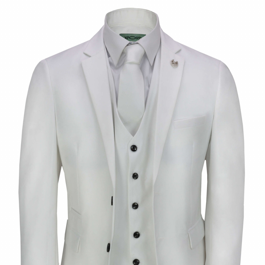 Biely pánsky svadobný 3-dielny oblek tuxedo semi slim fit 082E