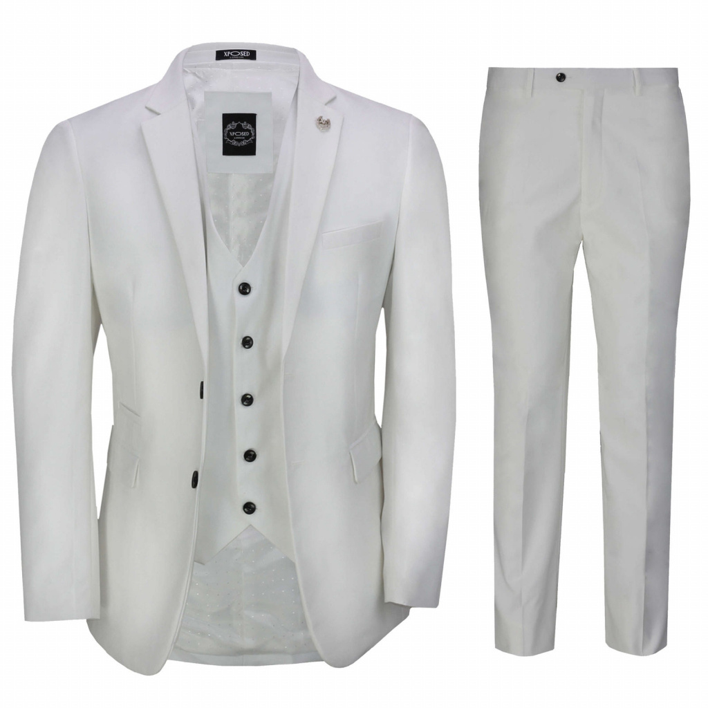 Biely pánsky svadobný 3-dielny oblek tuxedo semi slim fit 082E