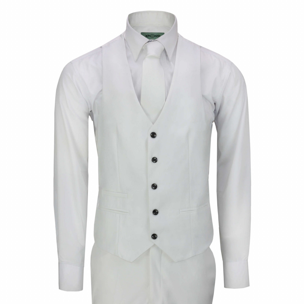 Biely pánsky svadobný 3-dielny oblek tuxedo semi slim fit 082E