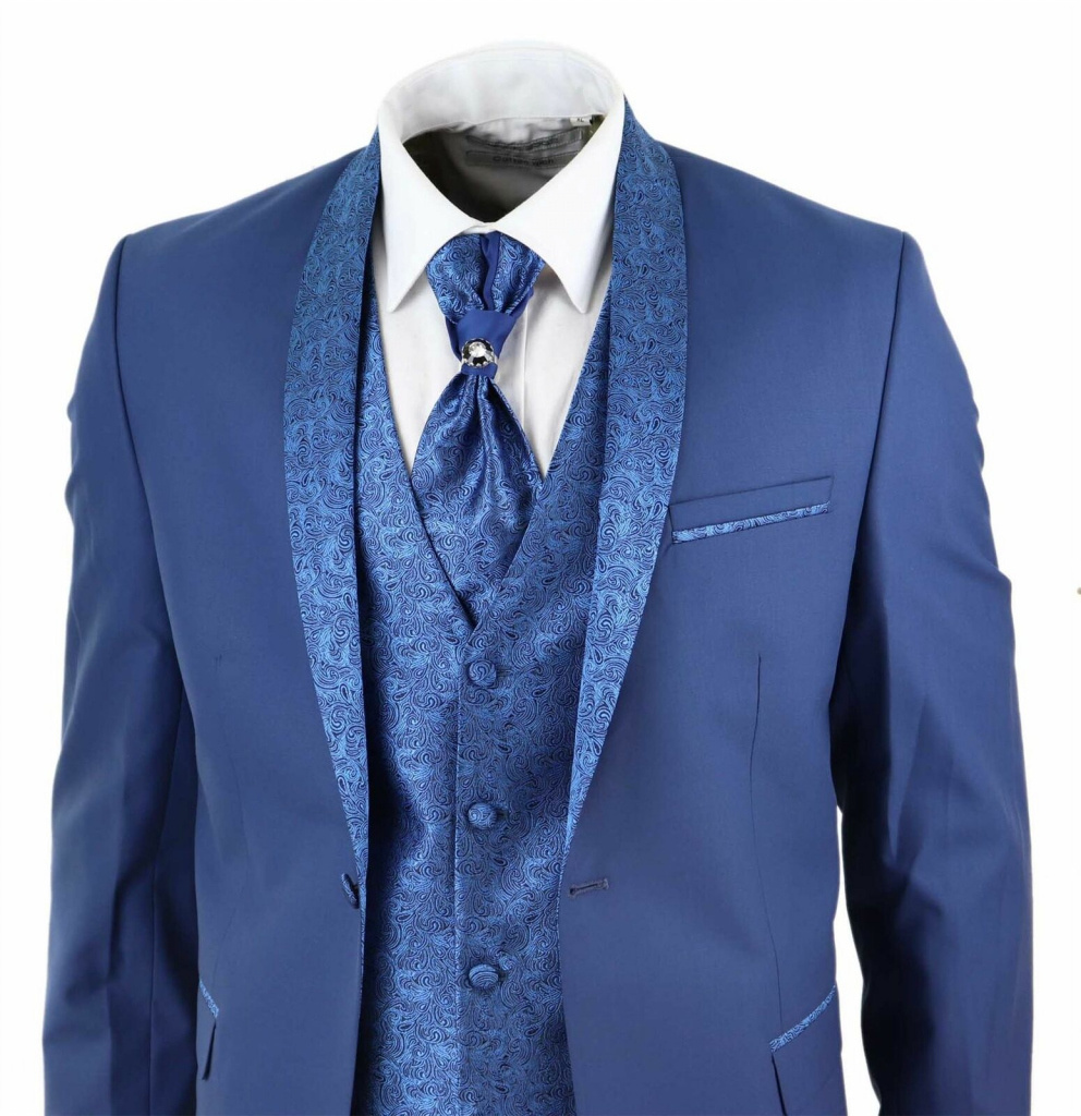 Modrý pánsky svadobný 4/5-dielny oblek tuxedo tailored fit 083E