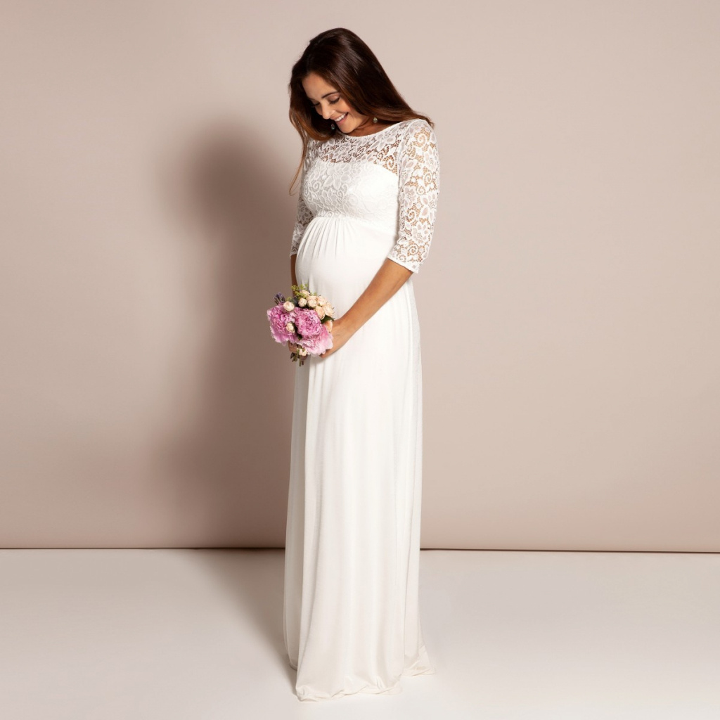 Tiffany Rose smotanové dlhé tehotenské čipkované šaty s 3/4 rukávom 458TR