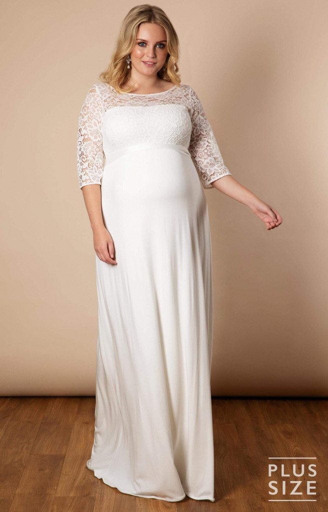 Tiffany Rose Plus smotanové dlhé tehotenské čipkované šaty s 3/4 rukávom 458TRa