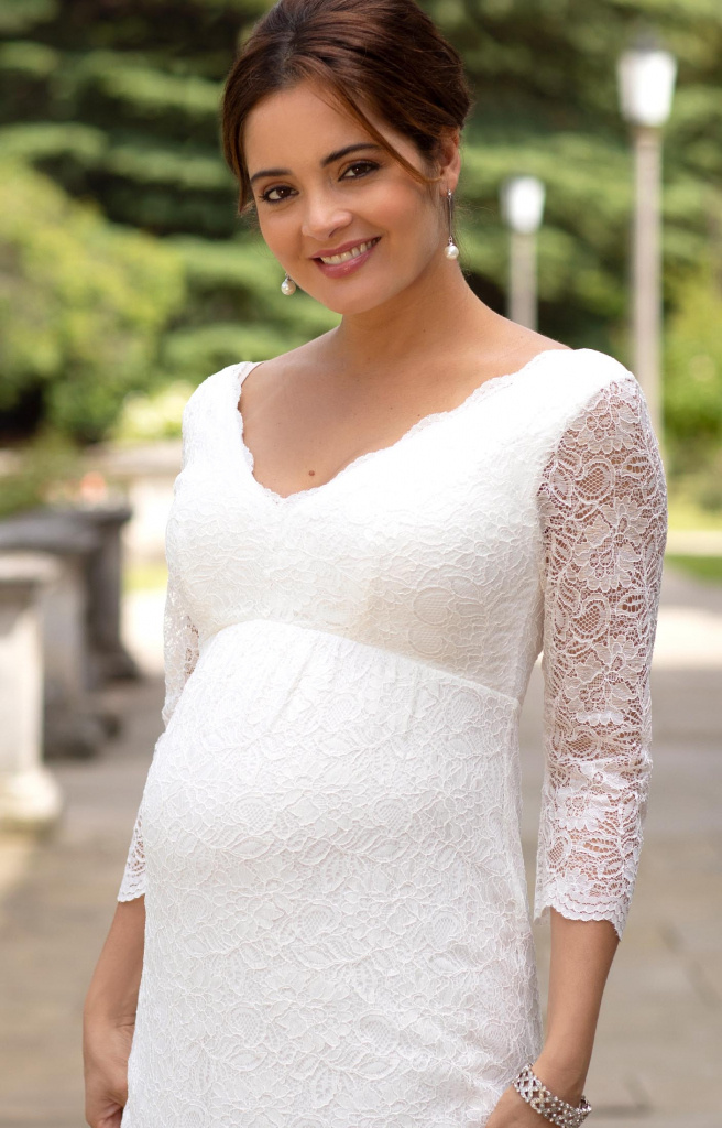 Tiffany Rose smotanové dlhé tehotenské čipkované šaty s 3/4 rukávom 459TR