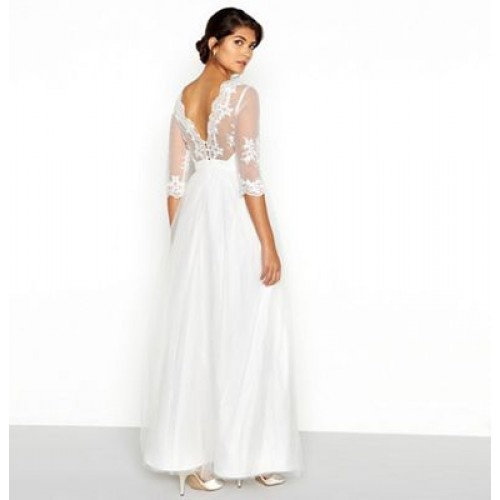 Biele dlhé svadobné šaty s čipkou s 3/4 rukávom 461C