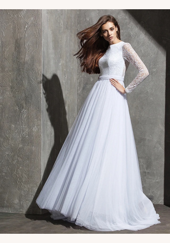 Biele dlhé svadobné šaty s čipkou s dlhým rukávom 463LB