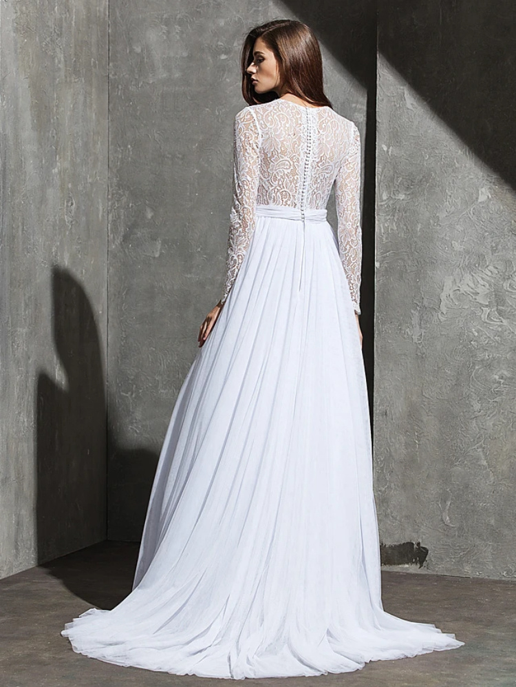 Biele dlhé svadobné šaty s čipkou s dlhým rukávom 463LB