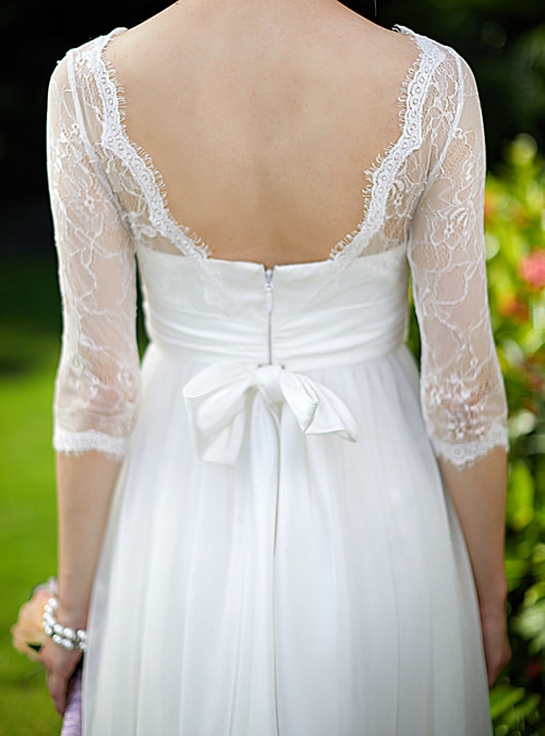 Biele dlhé šifónové svadobné šaty s čipkou s 3/4 rukávom 466LB