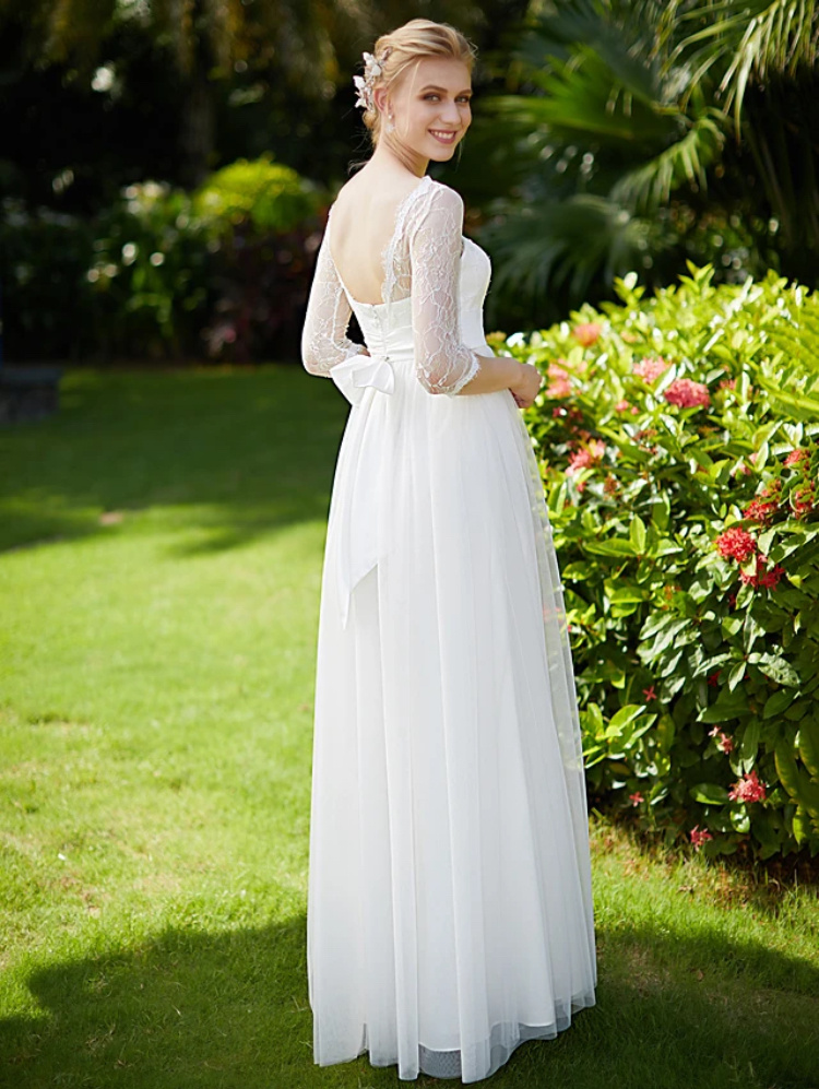 Biele dlhé šifónové svadobné šaty s čipkou s 3/4 rukávom 466LB