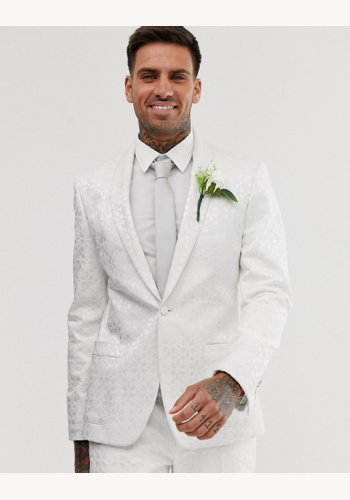Biely pánsky svadobný brokátový 2-dielny oblek tuxedo skinny 085A