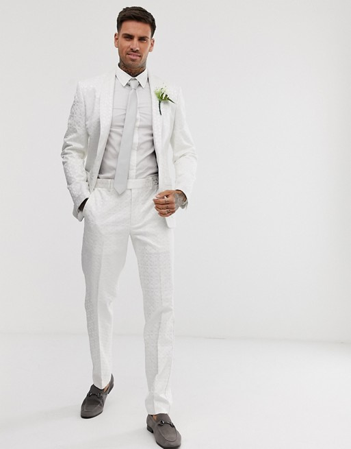 Biely pánsky svadobný brokátový 2-dielny oblek tuxedo skinny 085A