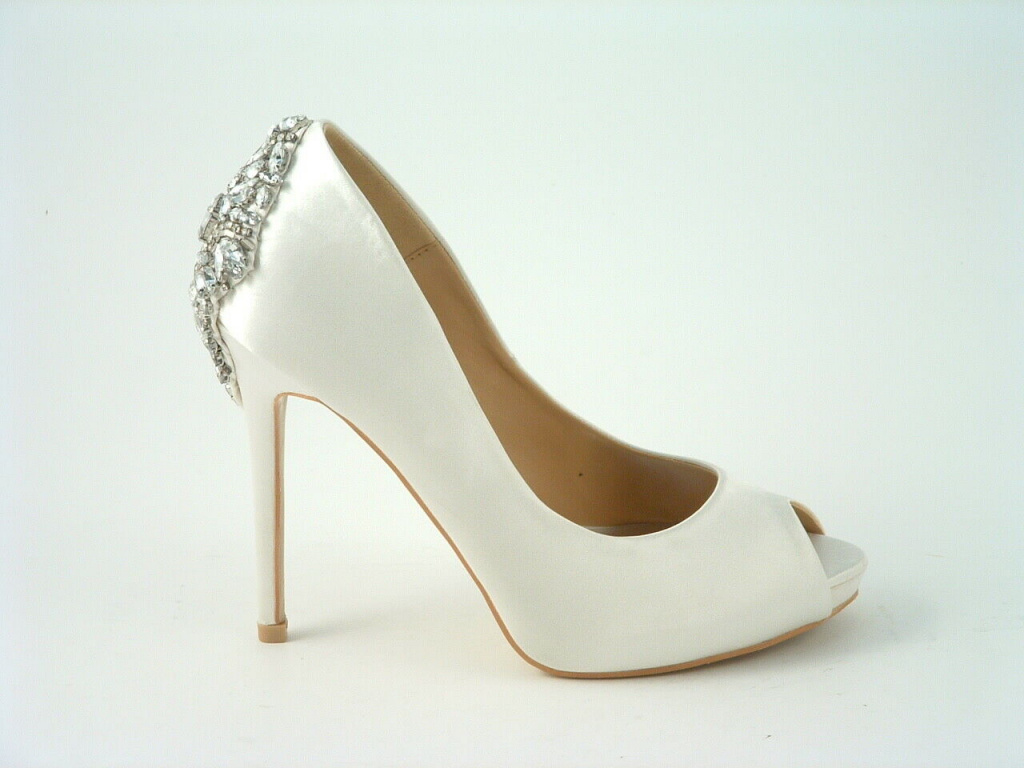Smotanové svadobné saténové diamantové topánky vpredu otvorené na vysokom opätku 080E