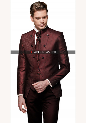 Bordový pánsky svadobný 8-dielny oblek tuxedo slim fit 087PC