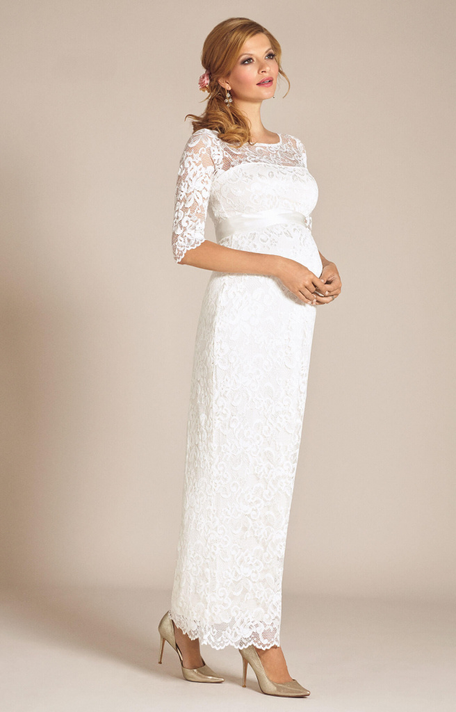 Tiffany Rose smotanové dlhé svadobné tehotenské čipkované šaty s 3/4 rukávom 240TR