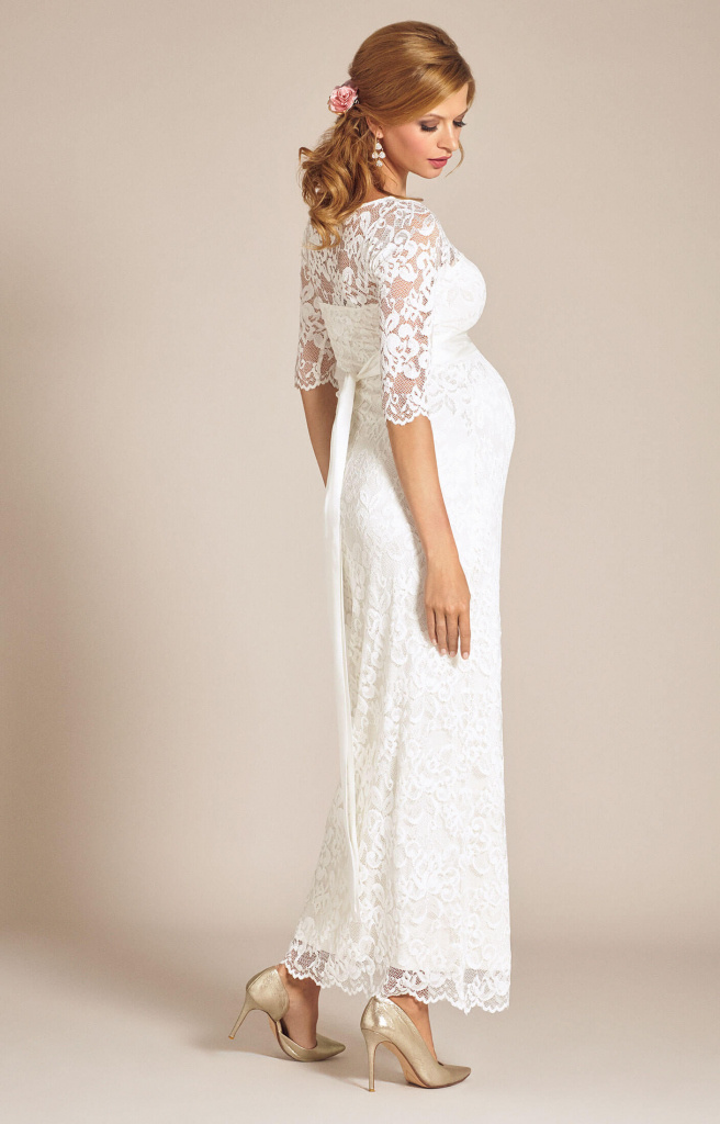 Tiffany Rose smotanové dlhé svadobné tehotenské čipkované šaty s 3/4 rukávom 240TR