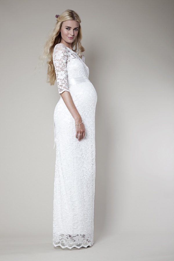 Tiffany Rose smotanové dlhé tehotenské čipkované šaty s 3/4 rukávom 241TR
