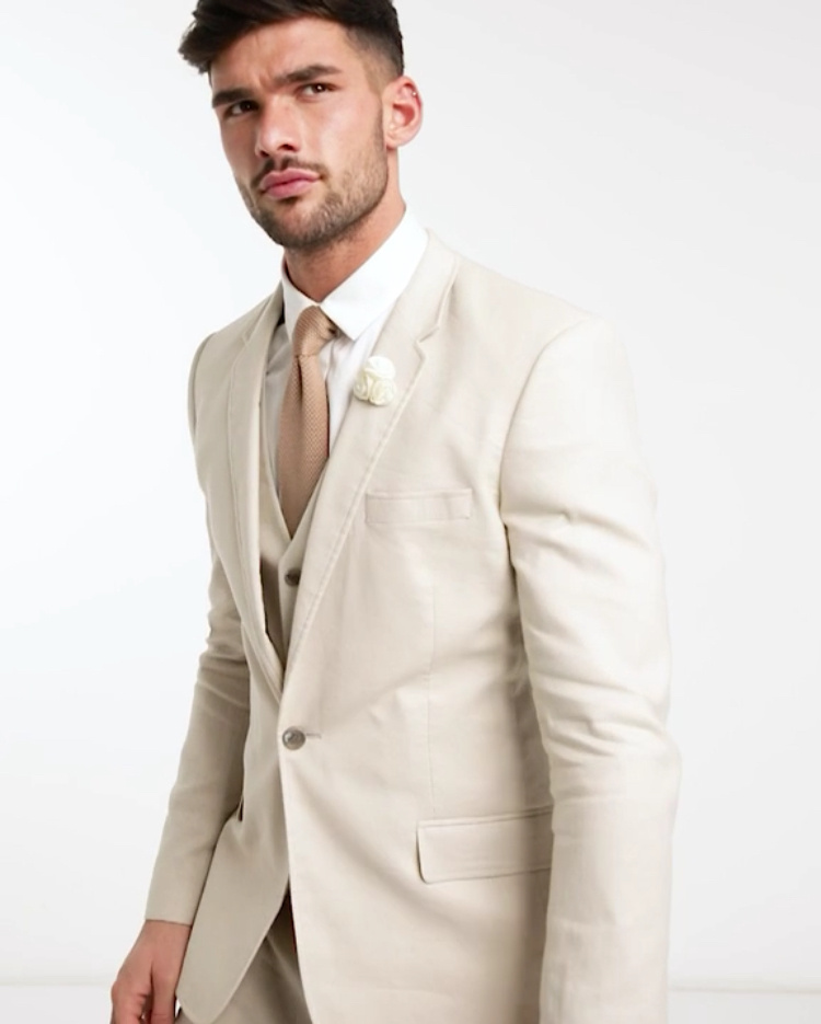 Krémový pánsky svadobný 3-dielny ľanový oblek slim fit 088A