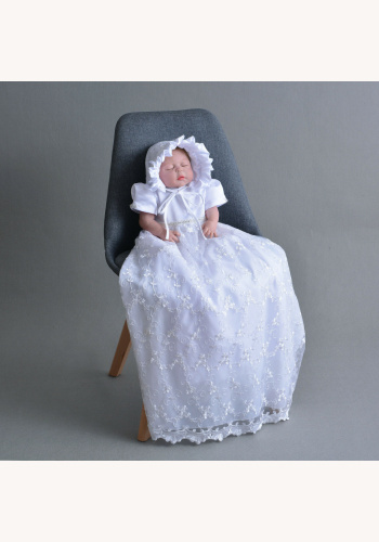 Biele/smotanové tradičné dievčenské šaty na krst 2-dielny set 014E
