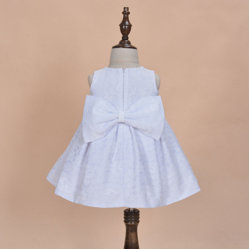 Biele/ružové čipkované dievčenské šaty na krst 3-dielny set 016E